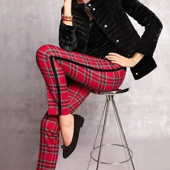 NWT Talbots Red Mountain Plaid Black Velvet Stripe Slim Ankle Pant Size 12P